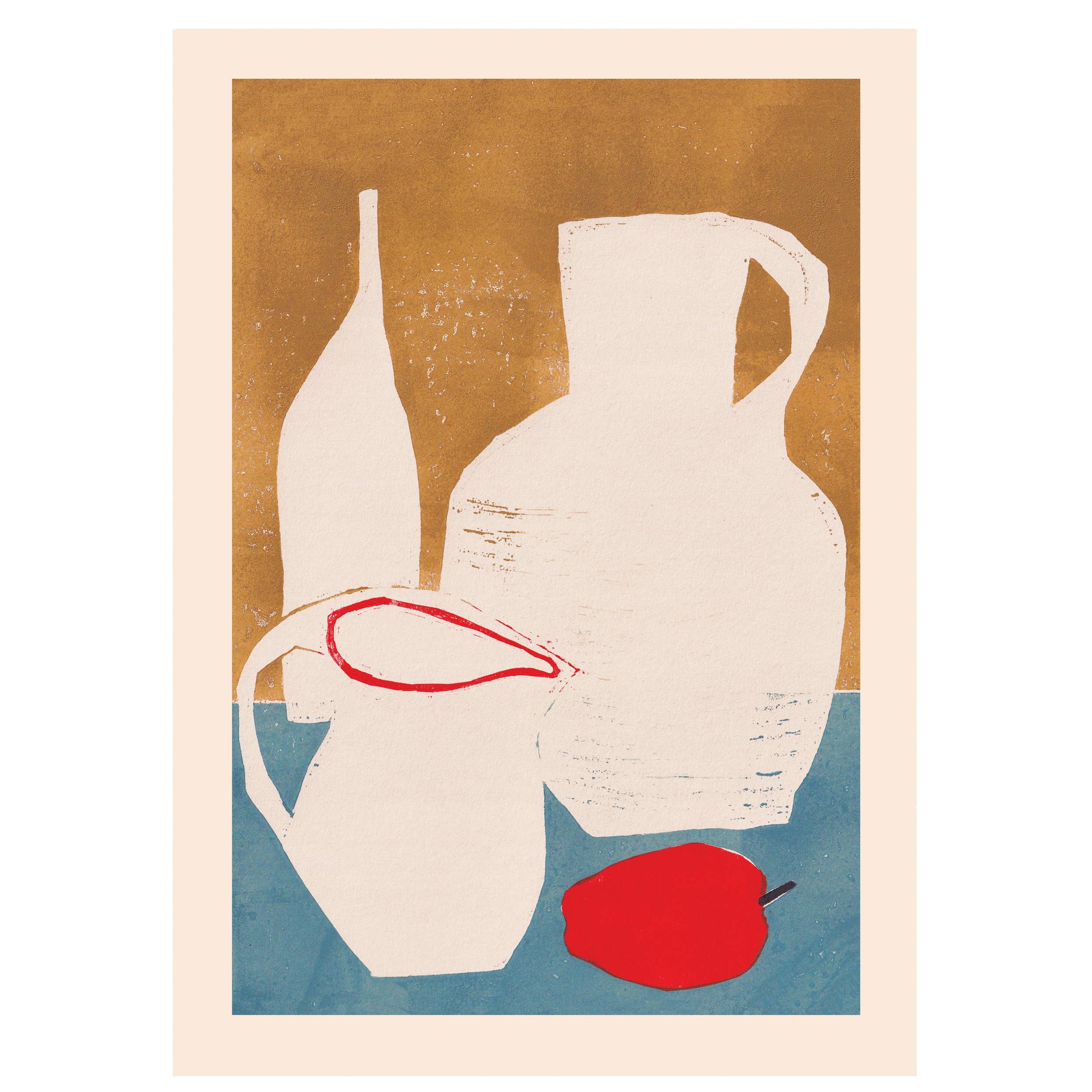 Art print with abstract shapes and a red apple on a beige and blue background