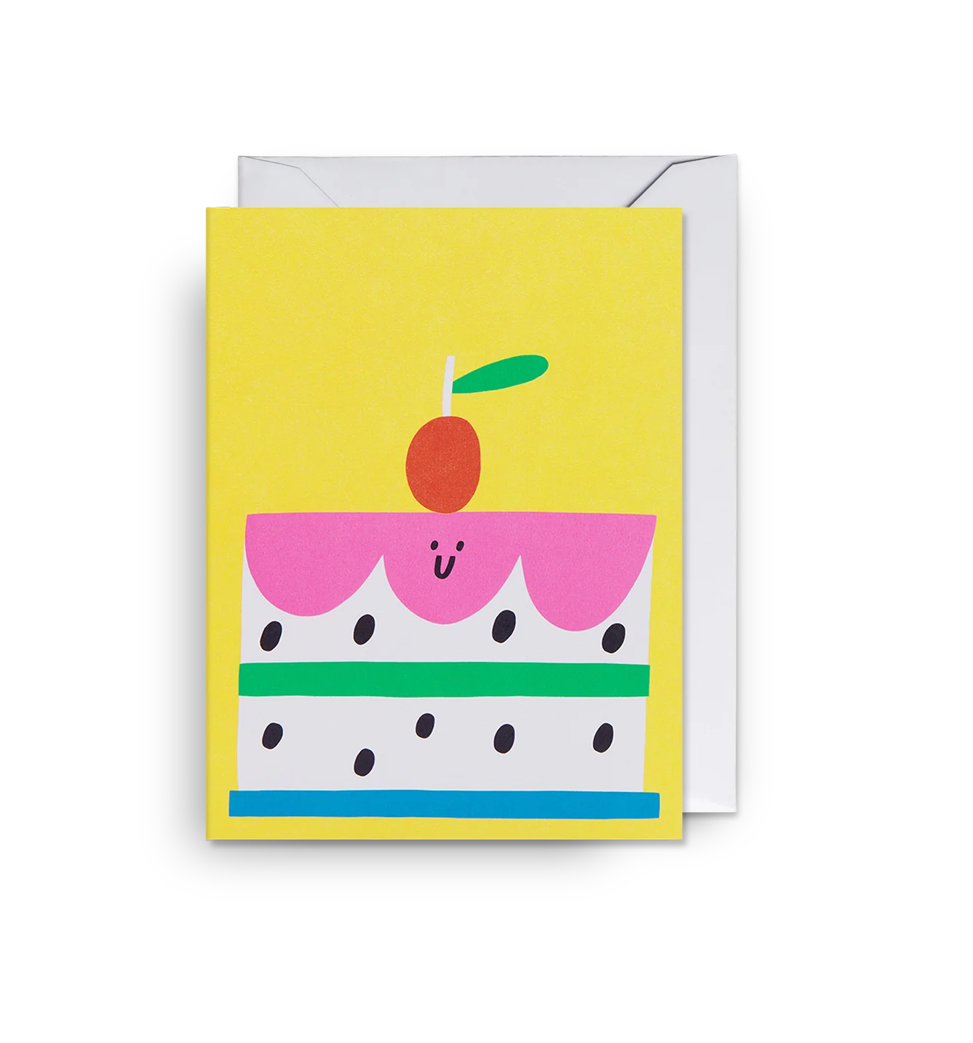 A bright and happy mini card featuring an illustrated cake by artist Susie Hammer on a sunny yellow background, designed for Lagom.