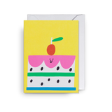A bright and happy mini card featuring an illustrated cake by artist Susie Hammer on a sunny yellow background, designed for Lagom.
