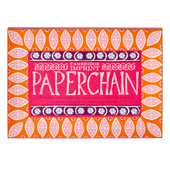 Cambridge Imprent - Paperchain box featuring a vibrant orange and pink patterned design with a central pink label that reads 'PAPERCHAIN' - winter's moon