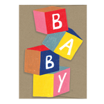 isatopia - die cut card of stack of blocks with 'baby' written on, with brown envelope - winter's moon