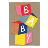 isatopia - die cut card of stack of blocks with 'baby' written on, with brown envelope - winter's moon