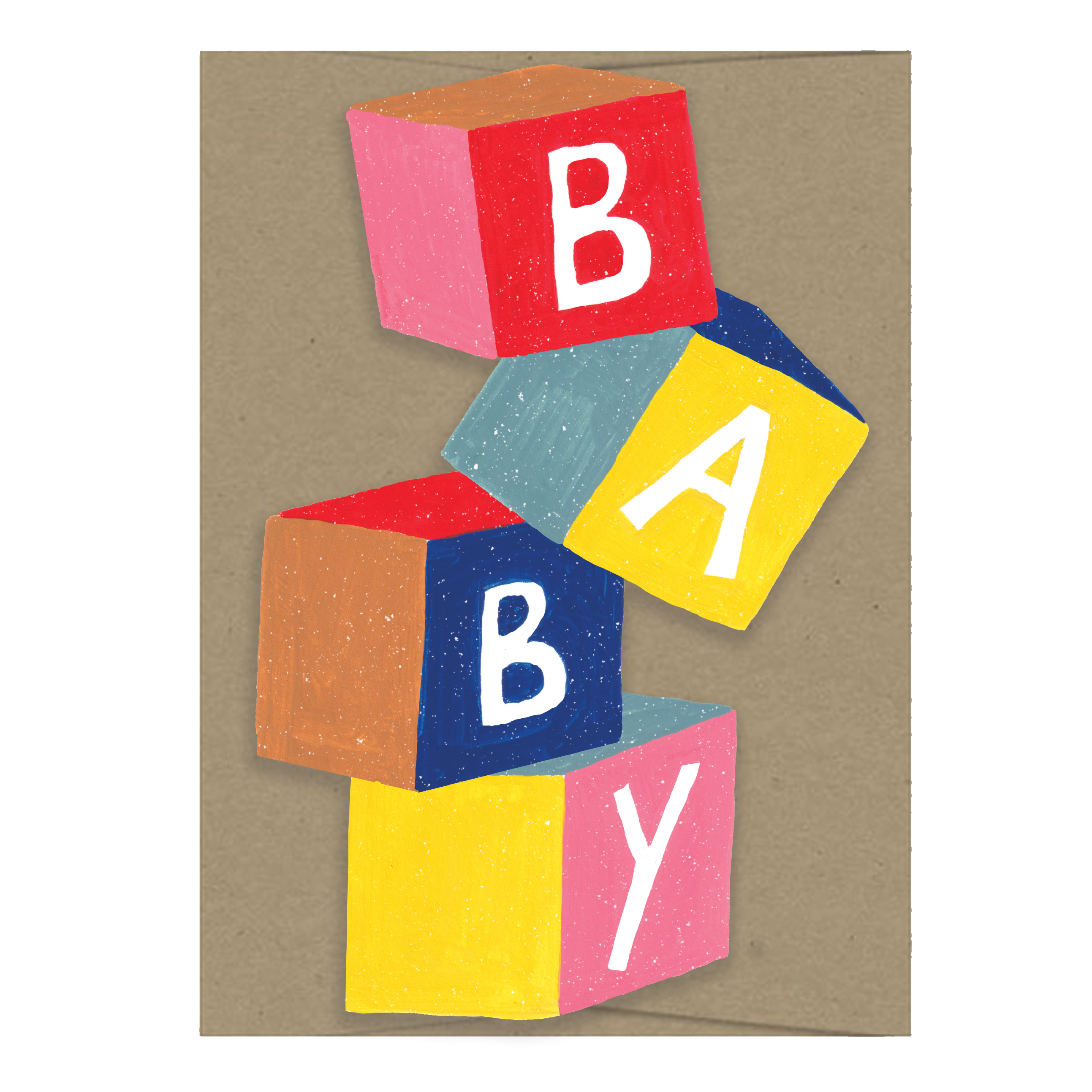 isatopia - die cut card of stack of blocks with 'baby' written on, with brown envelope - winter's moon