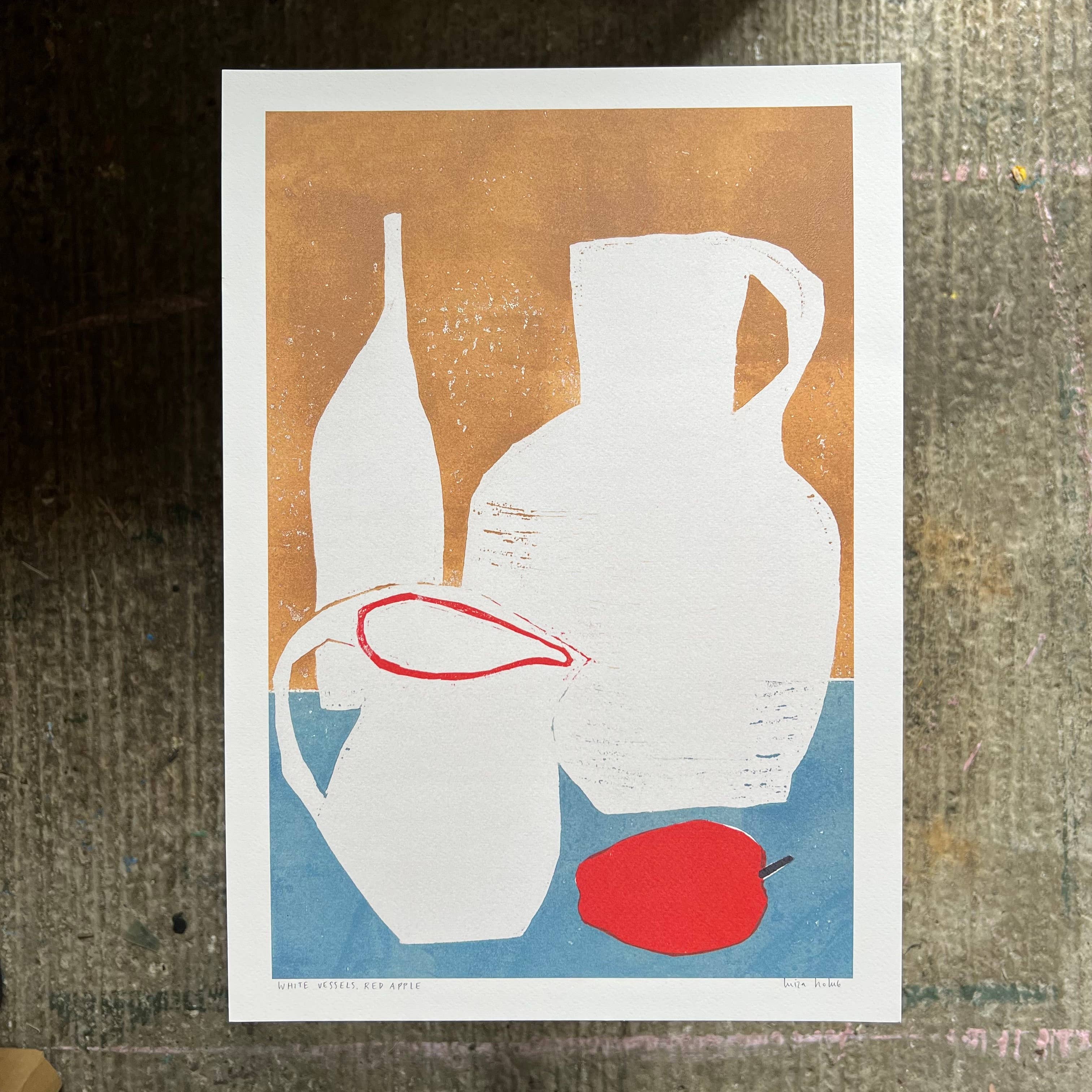 Art print with white vases and a red apple on a brown and blue background