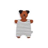 Knitted dog toy with black and white striped body on a white background