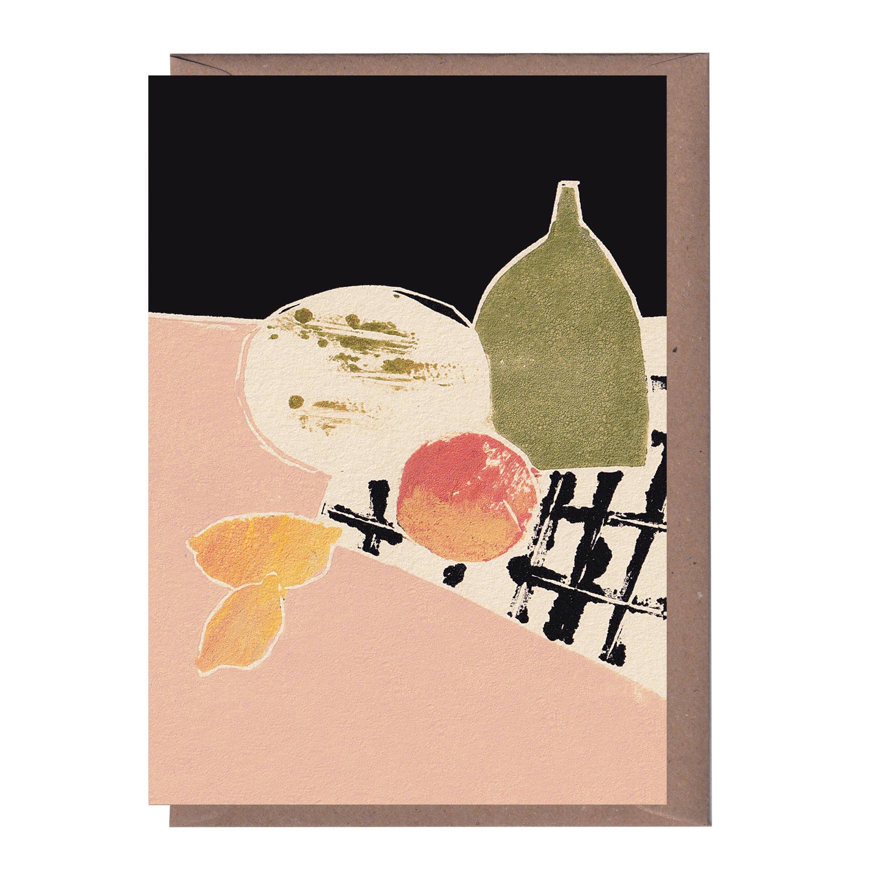 luiza holub - greetings card with linocut print of still life scene with envelope - winter's moon