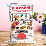 Greetings card featuring a birthday vending machine with a pink background
