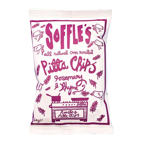 diverse fine food - Soffle's rosemary & thyme Pitta Chips packaging with pink text on a white background - winter's moon