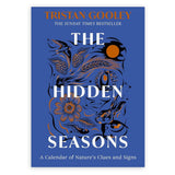 Book cover of 'The Hidden Seasons' by Tristan Gooley with nature-themed illustrations on a blue background.