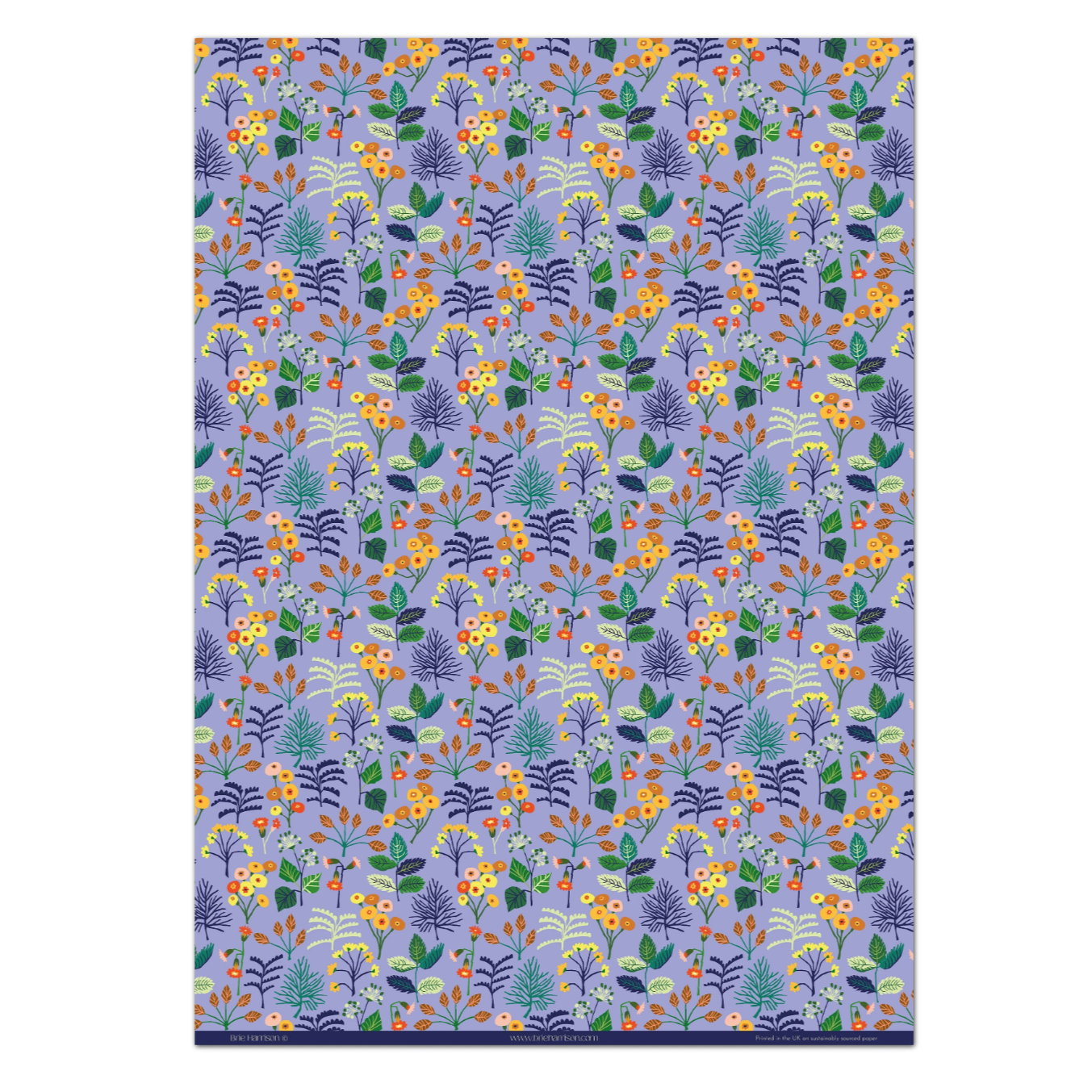 Repeat pattern wrapping paper of illustrated cowslip, on a lilac background.