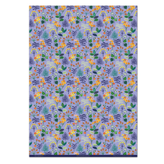 Repeat pattern wrapping paper of illustrated cowslip, on a lilac background.