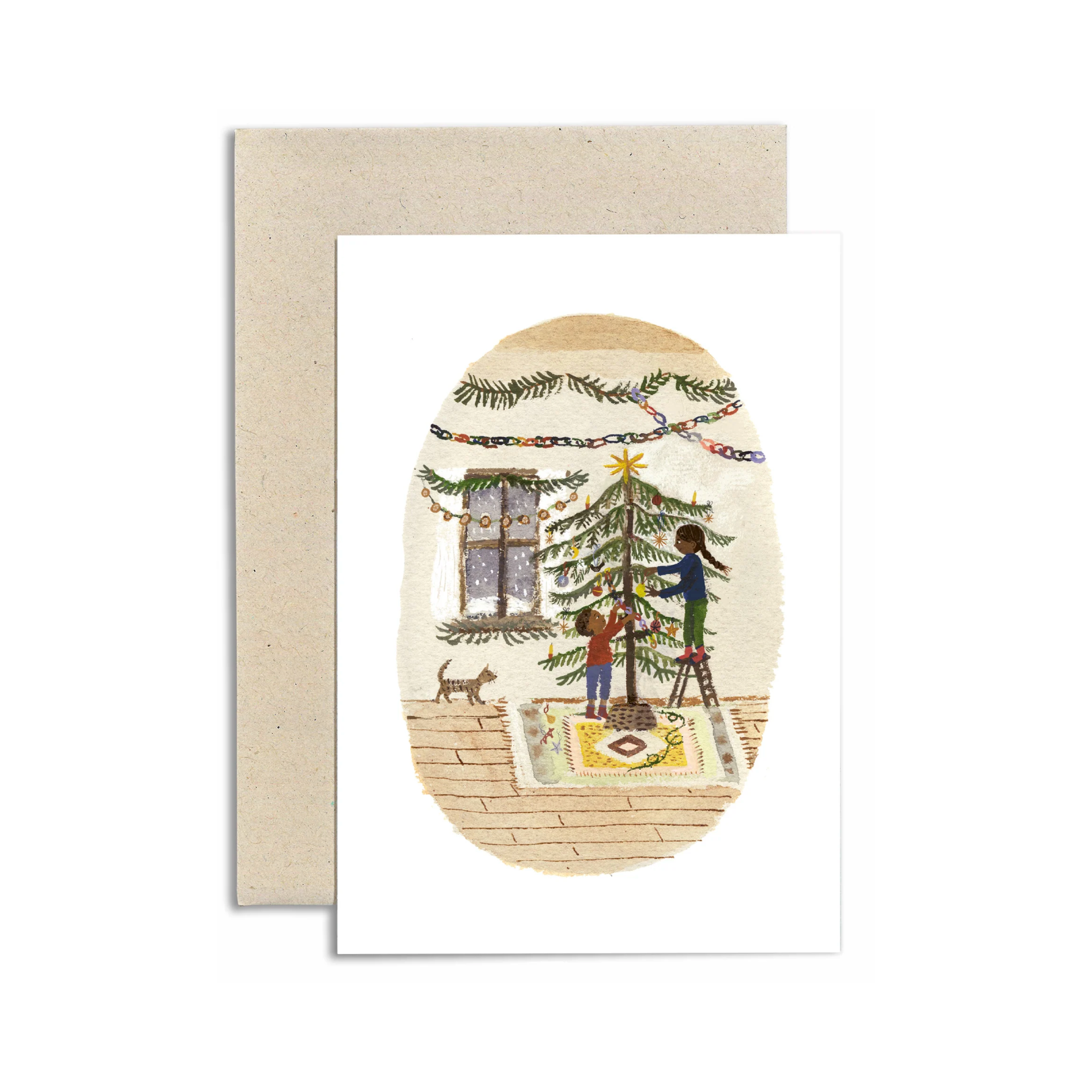 gemma koomen - christmas card with illustration of two children decorating a tree - winter's moon