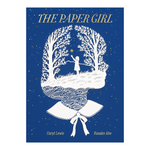 gardners - Book cover for 'The Paper Girl' by Caryll Lewis and Kanako Abe, featuring a deep blue background with a white silhouette of a girl among trees and a bow, centered on a light gray page background - winter's moon