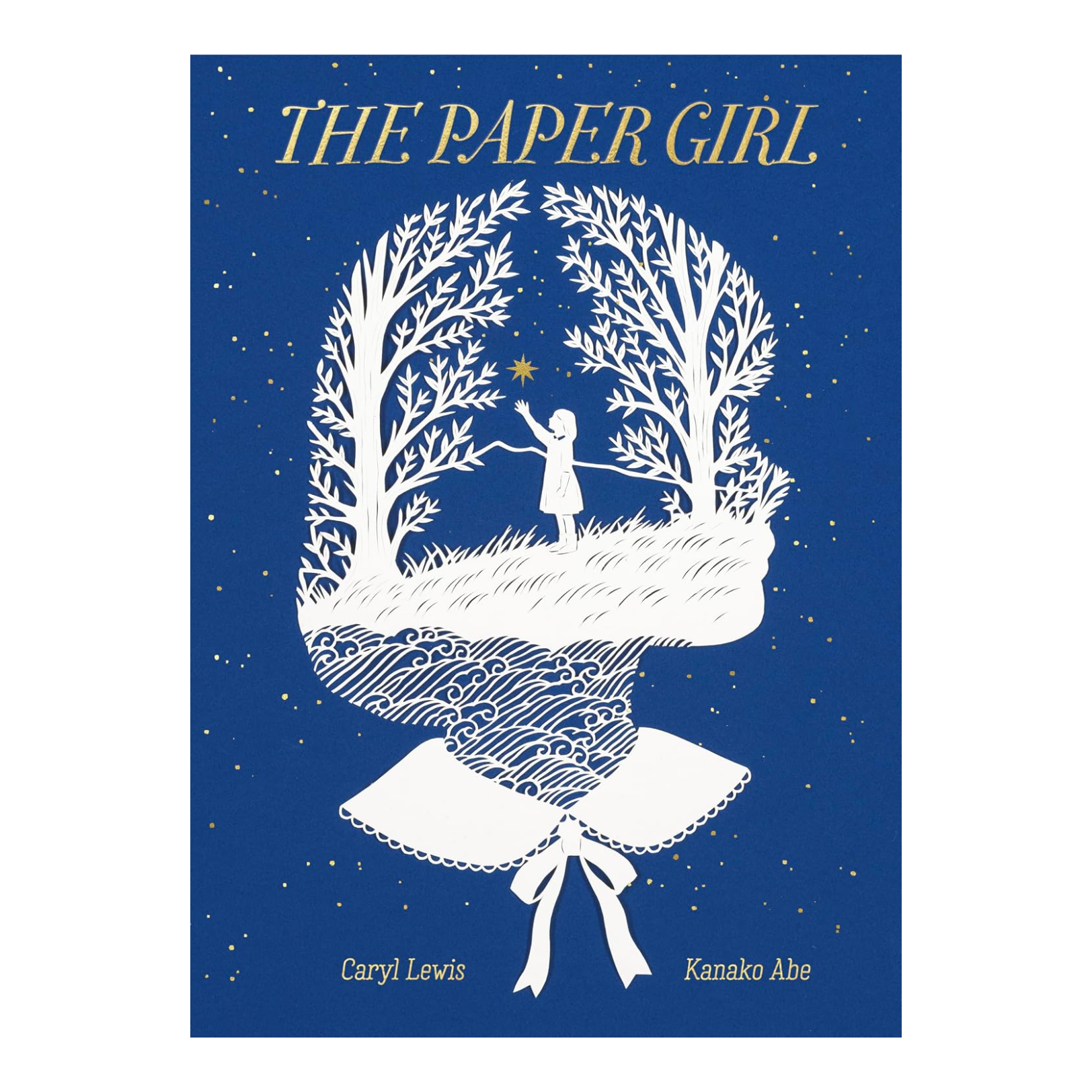 gardners - Book cover for 'The Paper Girl' by Caryll Lewis and Kanako Abe, featuring a deep blue background with a white silhouette of a girl among trees and a bow, centered on a light gray page background - winter's moon