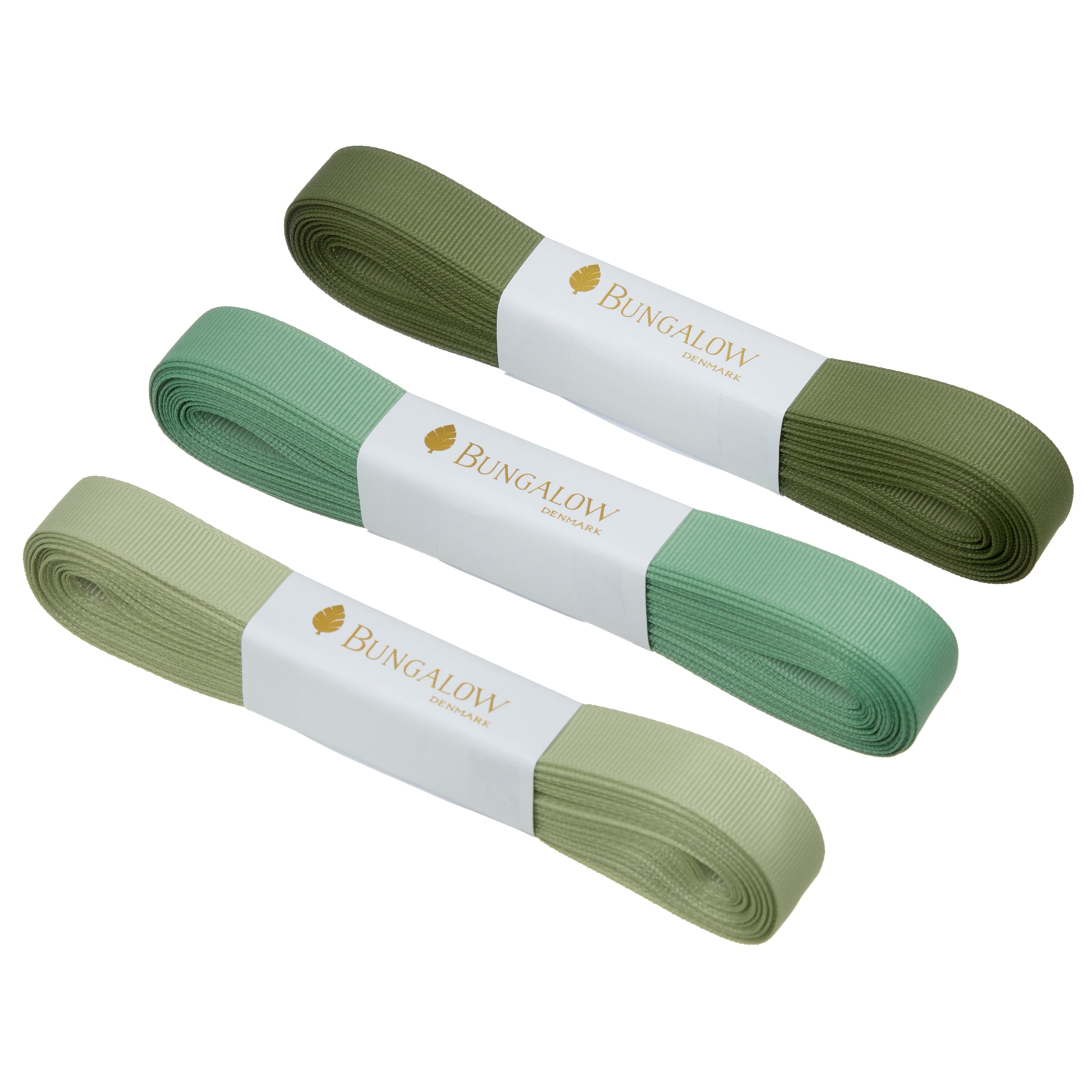 bungalow denmark - trio of green luxury ribbons on white background - winter's moon