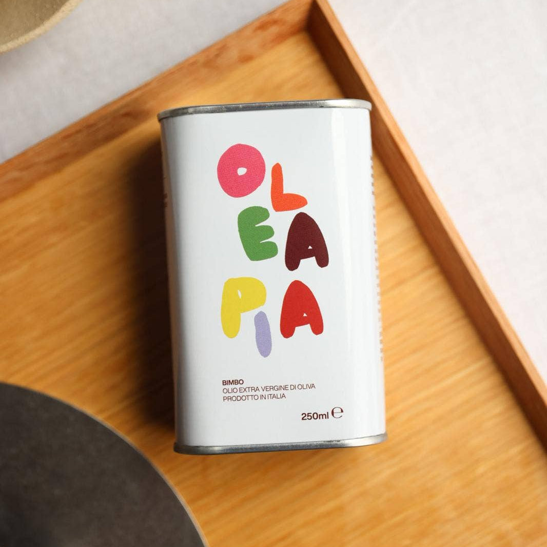 olea pia - tin of bimbo extra virgin olive oil on bamboo tray - winter's moon