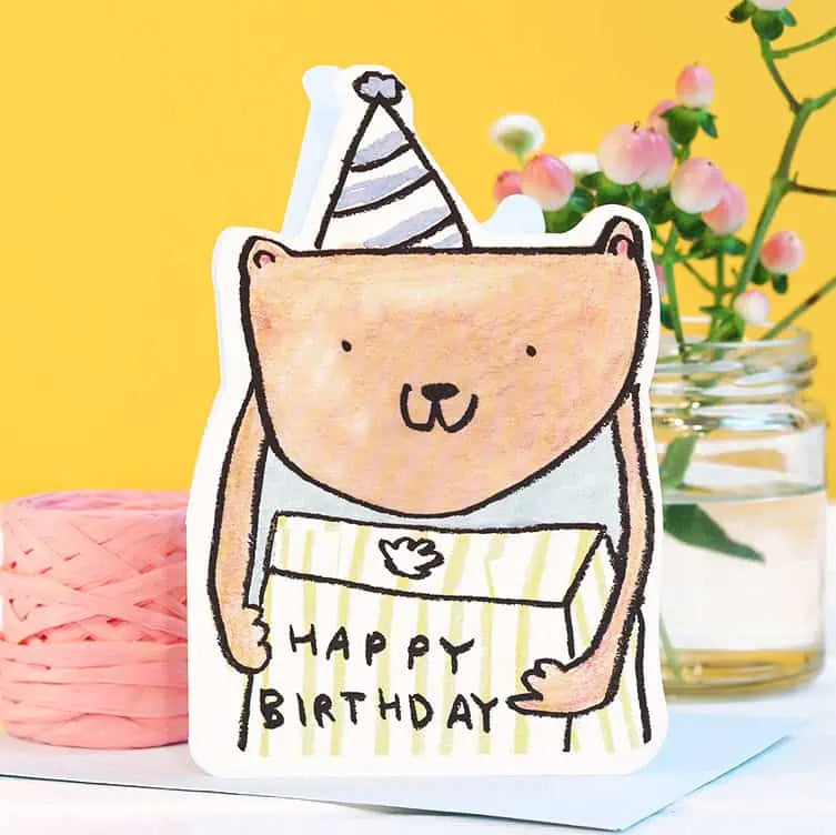 laura skilbeck - birthday bear cut-out card on colourful background - winter's moon