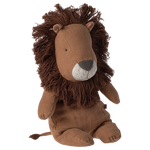 A plush lion toy in warm brown fabric with a shaggy dark brown mane, gray nose, and white muzzle, photographed on a plain white background.