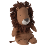 A plush lion toy in warm brown fabric with a shaggy dark brown mane, gray nose, and white muzzle, photographed on a plain white background.