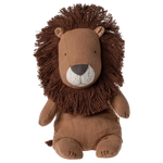 Brown plush lion toy on a white background