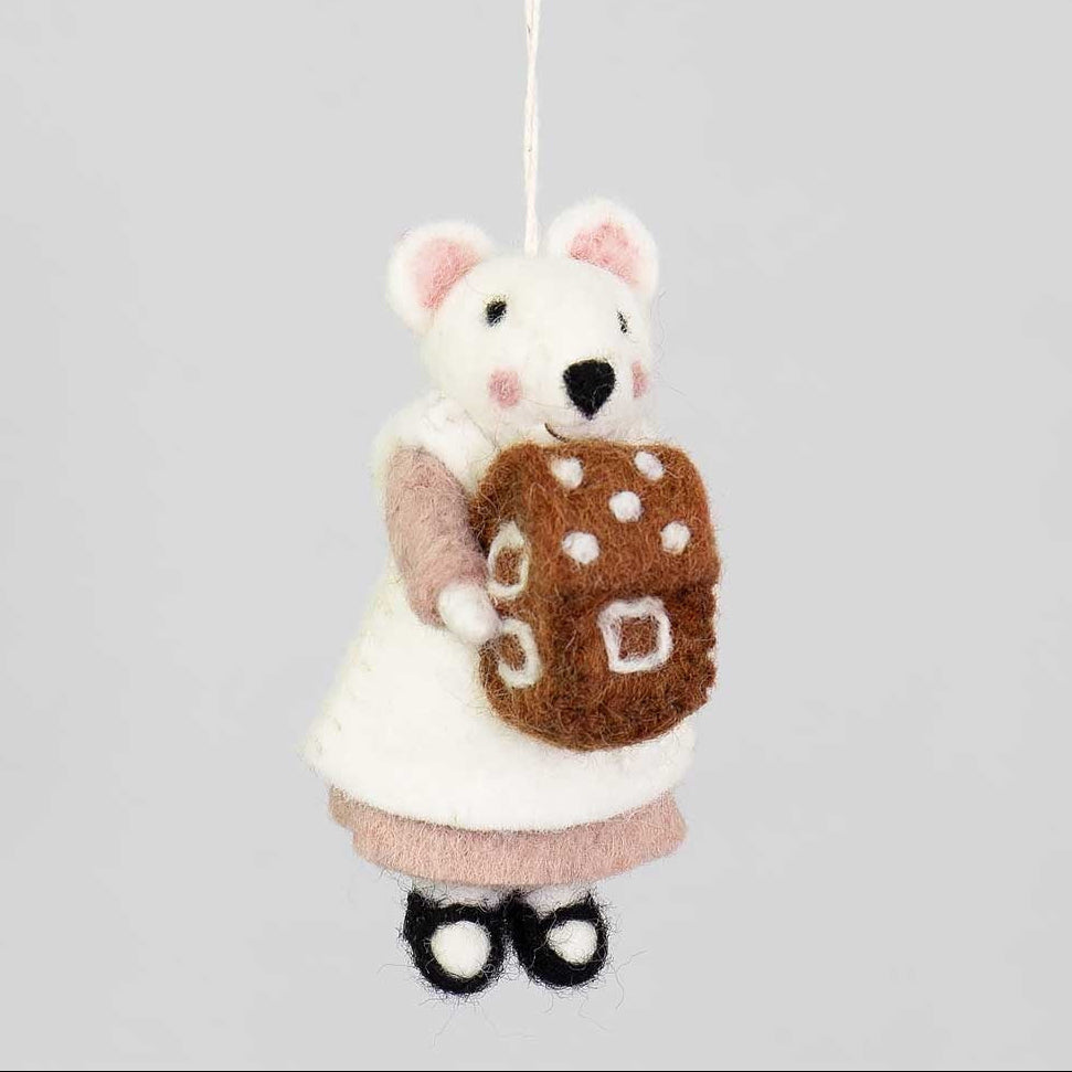 Felted white mouse ornament holding a brown house, wearing a dress