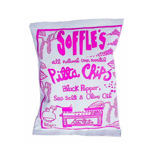 diverse fine food - Soffle's black pepper Pitta Chips packaging with pink text on a white background - winter's moon